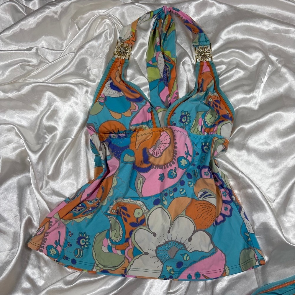 y2k Trina Turk Tankini Swimsuit Blue Psychedelic Floral Halter Set 6 - Picture 2 of 6